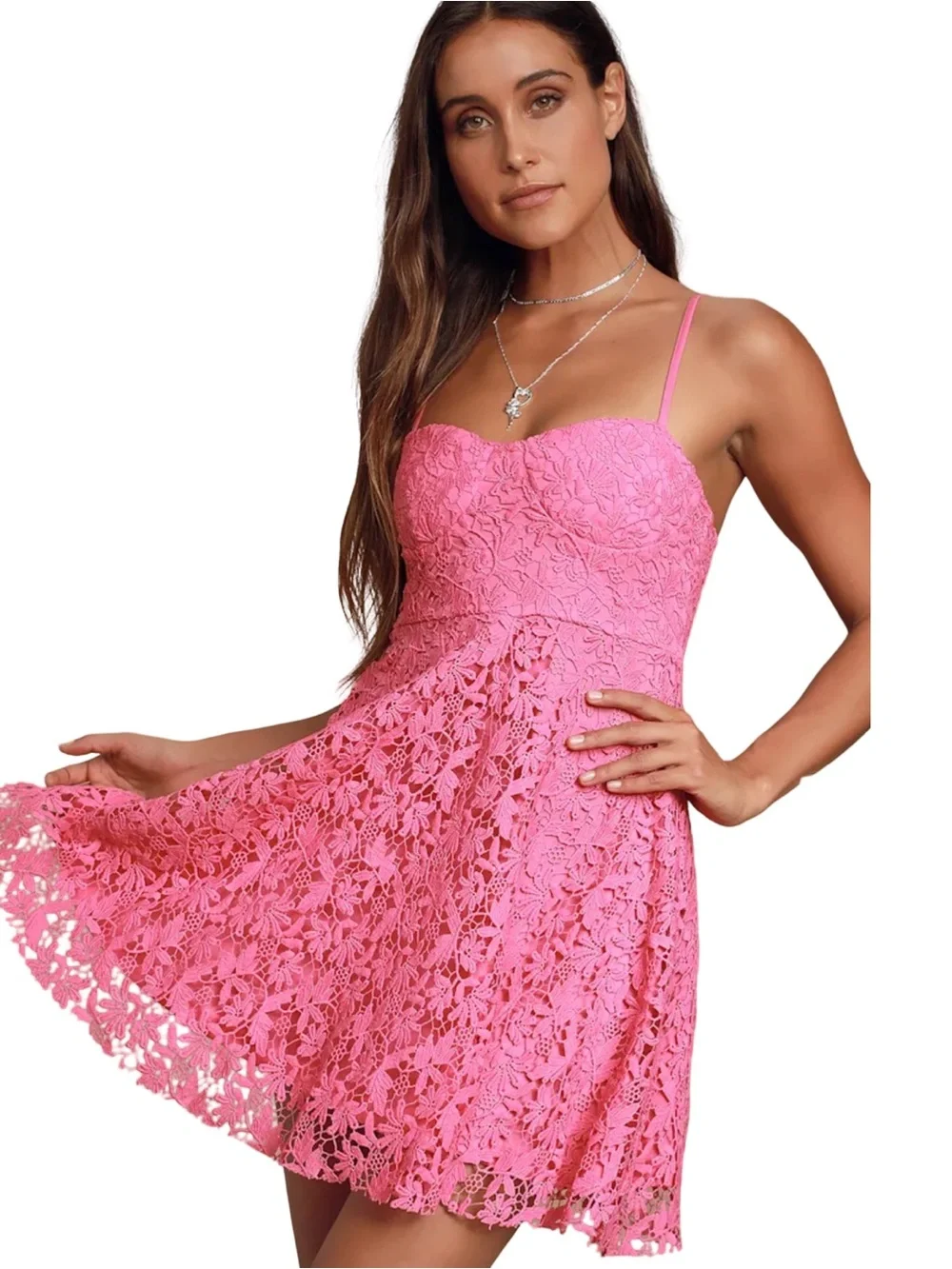 Lulu’s So Into You Hot Pink Crochet Lace Bustier Skater Dress-NWT-Small - Picture 2 of 10